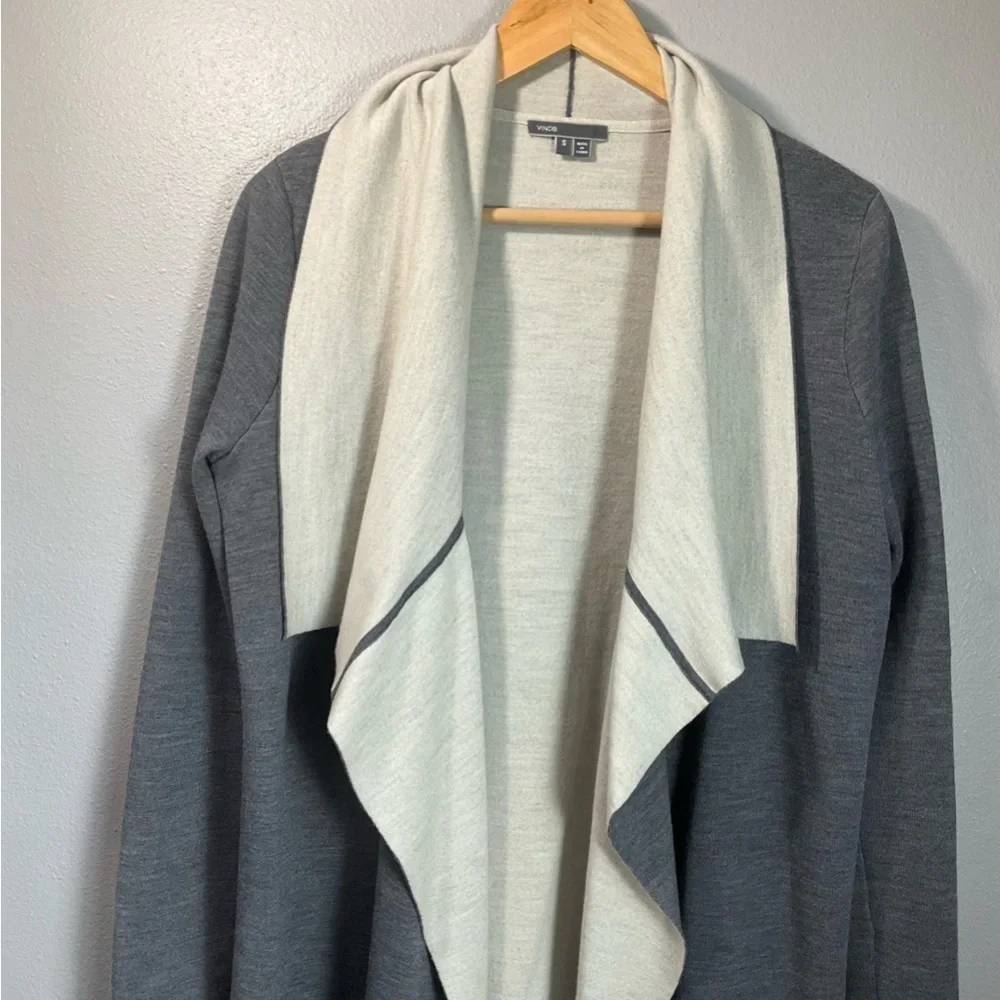 VINCE Two Tone Drape Open Front Wool Gray Cardigan merino wool blend size Small